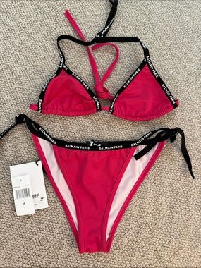 Balmain Pink Triangle Bikini with Black Logo Trim